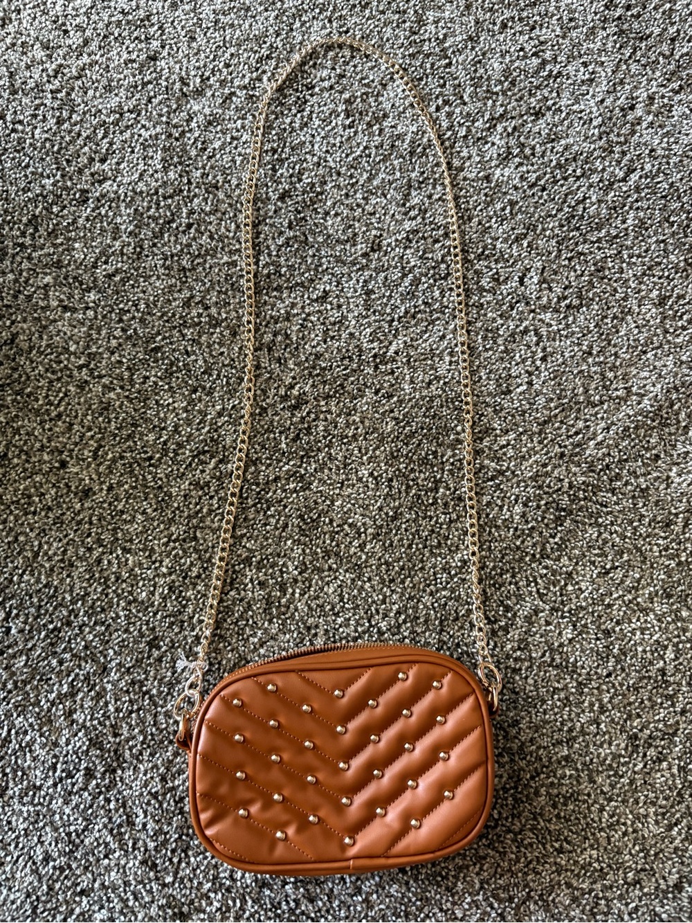 Brown Quilted Crossbody Bag with Stud Accents